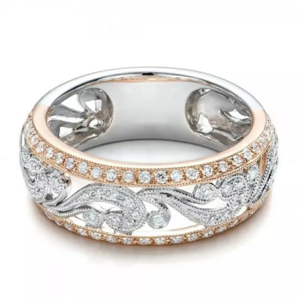 Two tone Silver & Rose Gold Filigree Wedding Band - Picture 3 of 5
